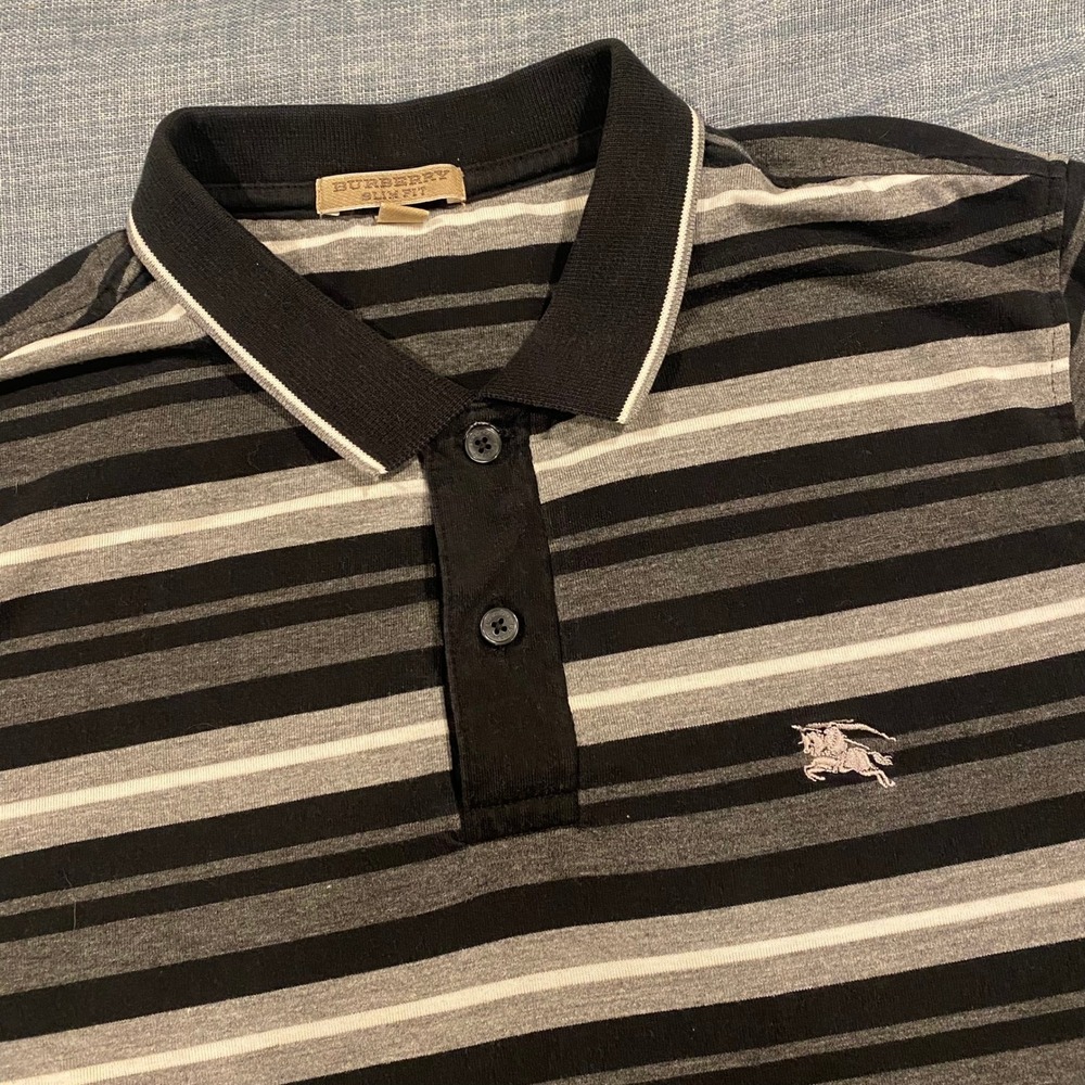 Burberry Slim Fit Polo Shirt Mens XL Gray Black White Striped Cotton Blend Logo